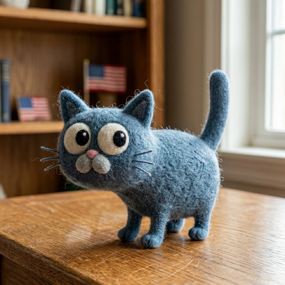 Handmade Wool Felt Whimsical Blue Cat Figurine – Cute Quirky Decor