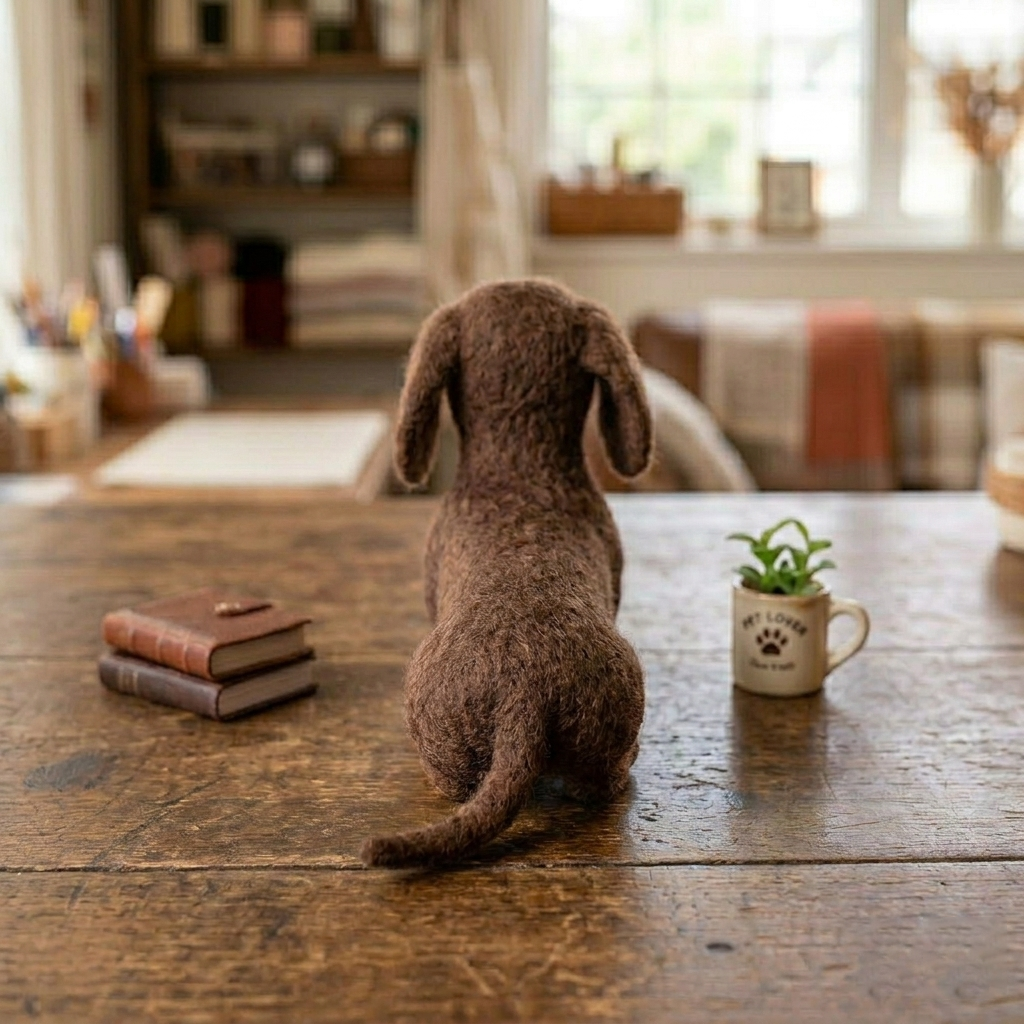 Handmade Wool Felt Chocolate Dachshund Puppy Figurine – Cute Dog Lovers Decor