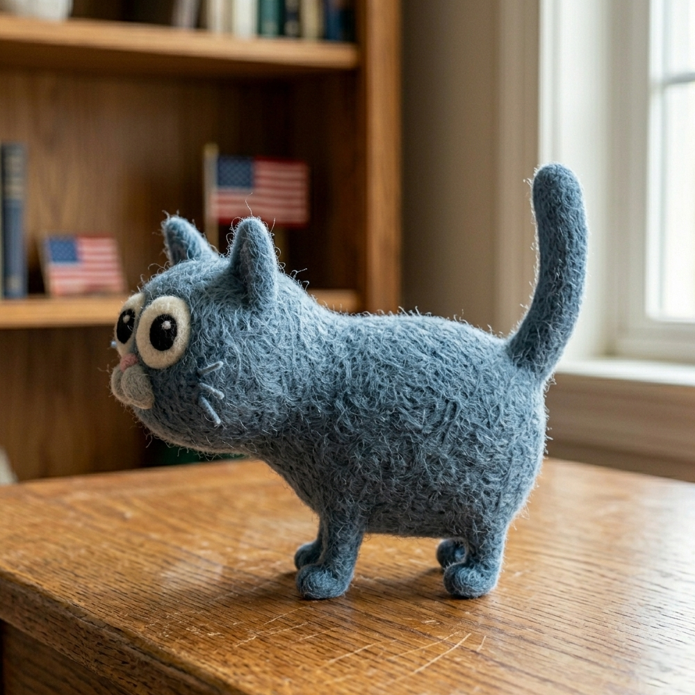 Handmade Wool Felt Whimsical Blue Cat Figurine – Cute Quirky Decor