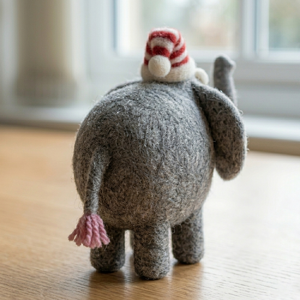 Handmade Wool Felt Whimsical Elephant with Striped Hat Figurine – Cute Festive Decor