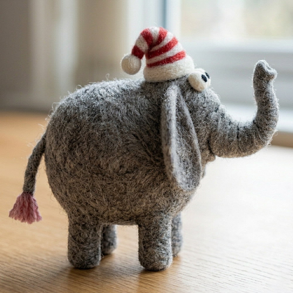 Handmade Wool Felt Whimsical Elephant with Striped Hat Figurine – Cute Festive Decor
