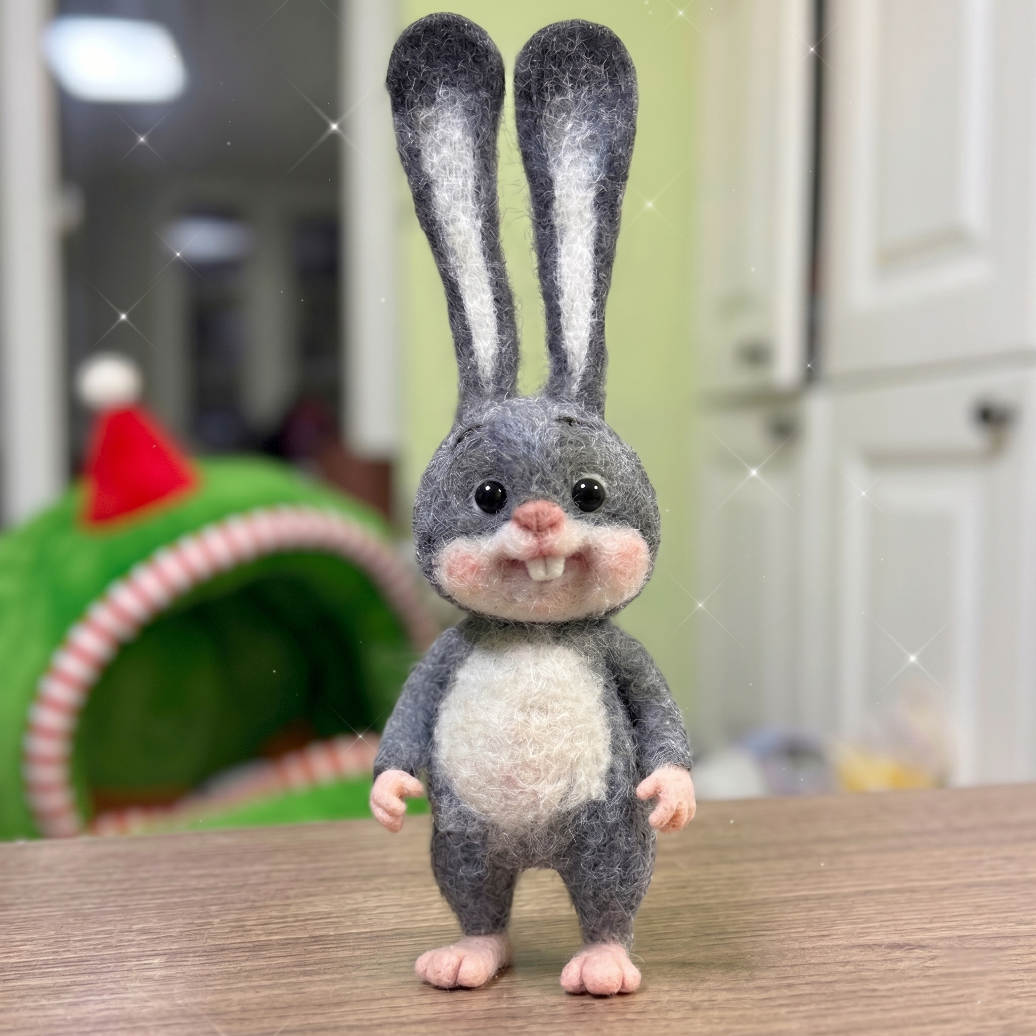 Handmade Wool Felt Charming Grey Bunny Figurine – Cute Whimsical Decor