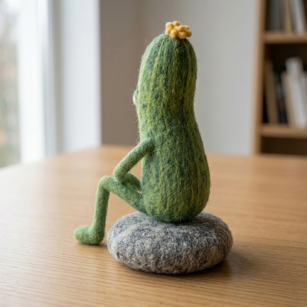 Handmade Wool Felt Thoughtful Pickle Figurine – Cute Whimsical Novelty Decor