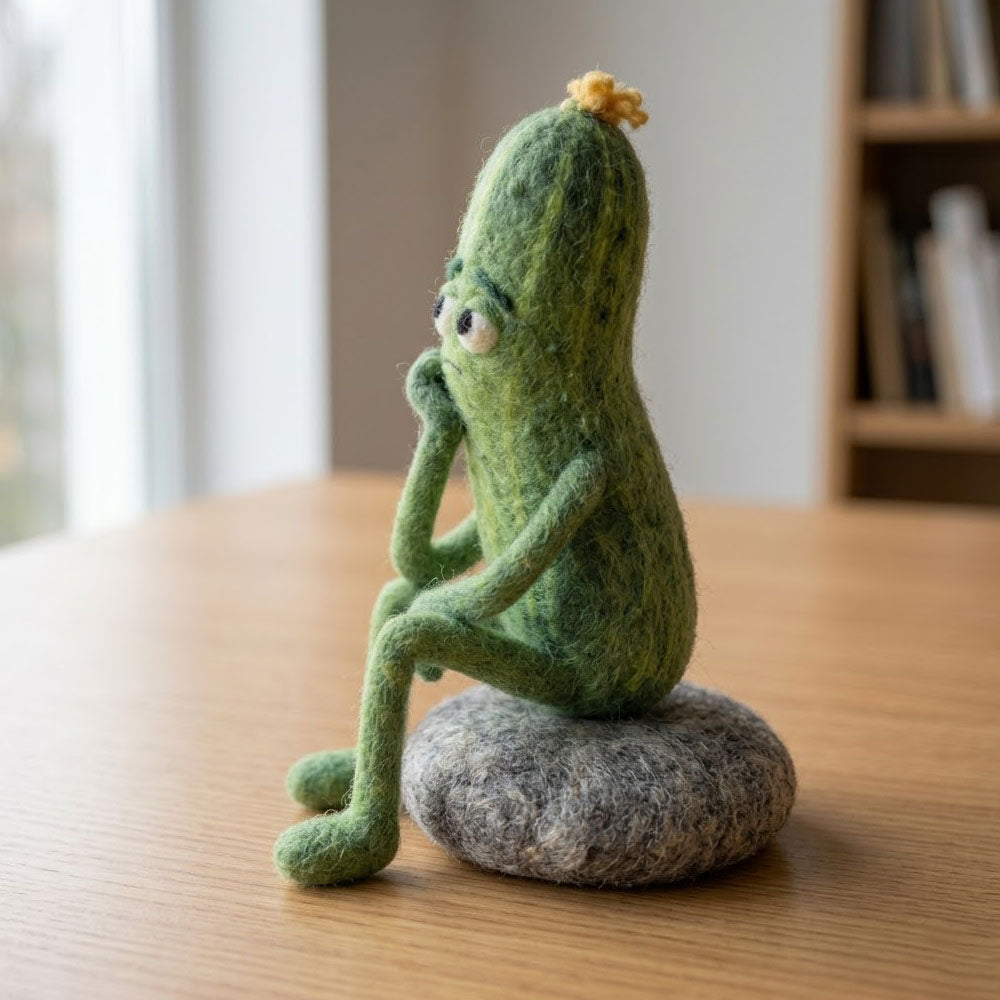 Handmade Wool Felt Thoughtful Pickle Figurine – Cute Whimsical Novelty Decor