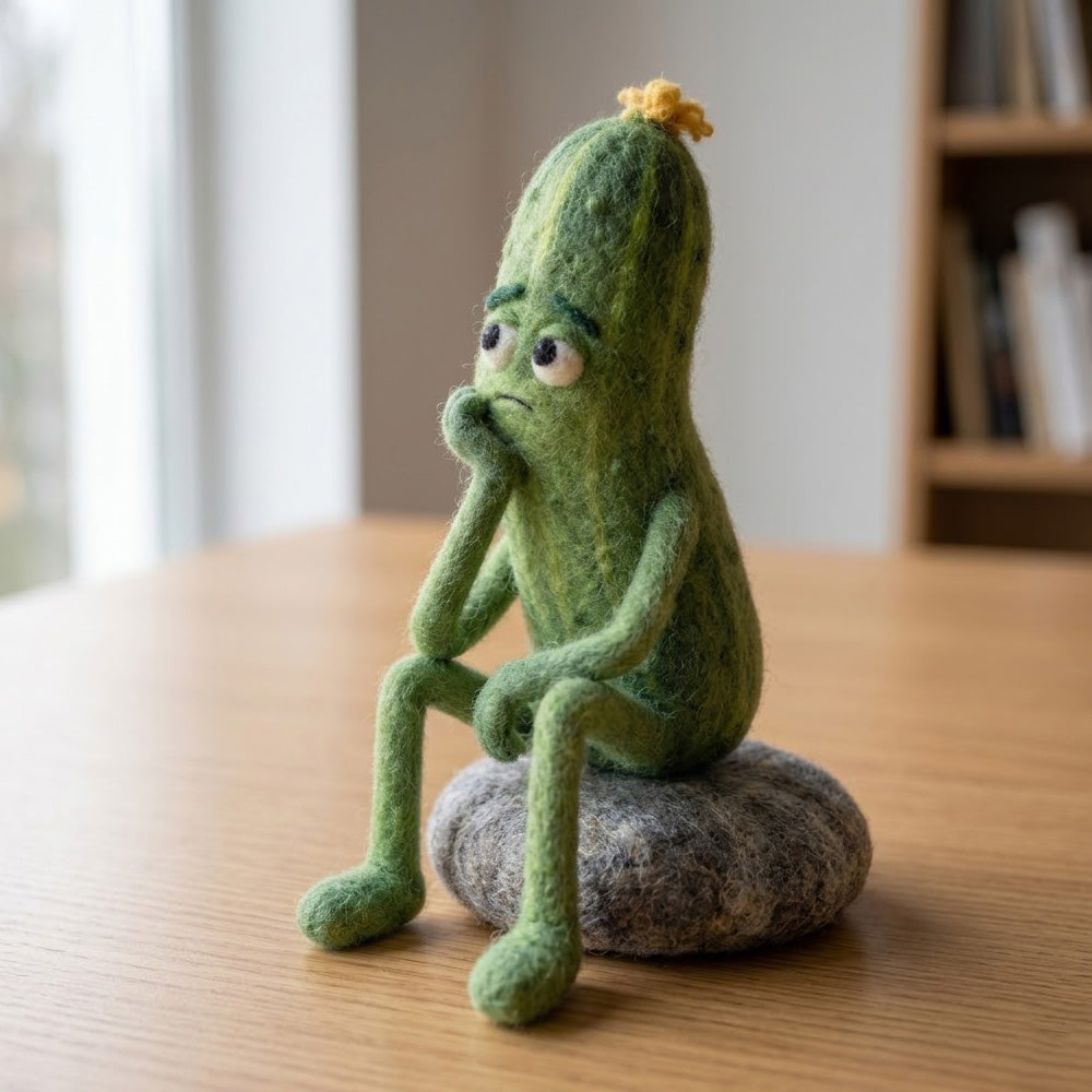 Handmade Wool Felt Thoughtful Pickle Figurine – Cute Whimsical Novelty Decor