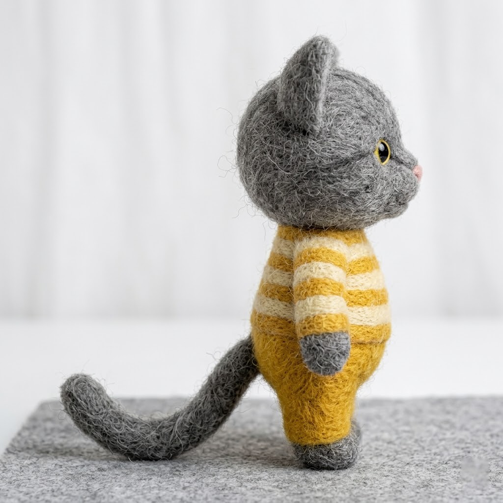 Handmade Wool Felt Grey Cat in Striped Outfit Figurine – Cute Whimsical Decor