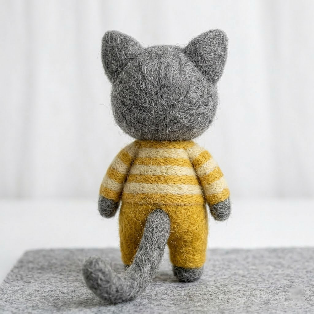 Handmade Wool Felt Grey Cat in Striped Outfit Figurine – Cute Whimsical Decor