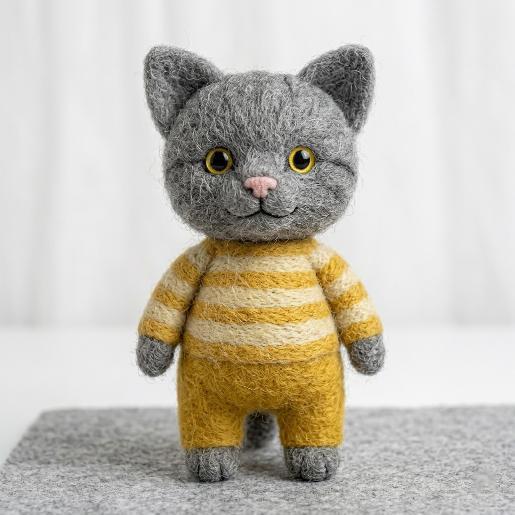Handmade Wool Felt Grey Cat in Striped Outfit Figurine – Cute Whimsical Decor
