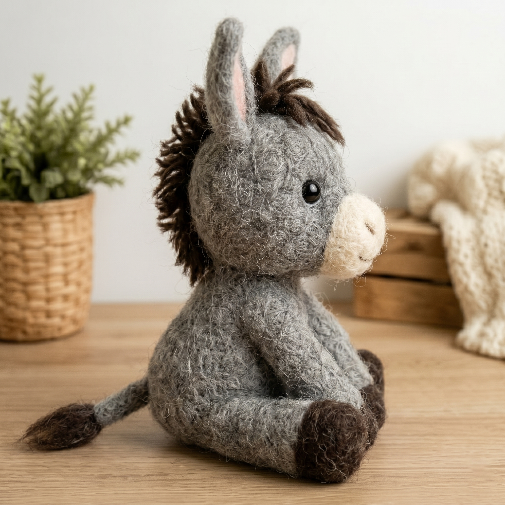 Handmade Wool Felt Baby Donkey Figurine – Cute Whimsical Farm Animal Decor