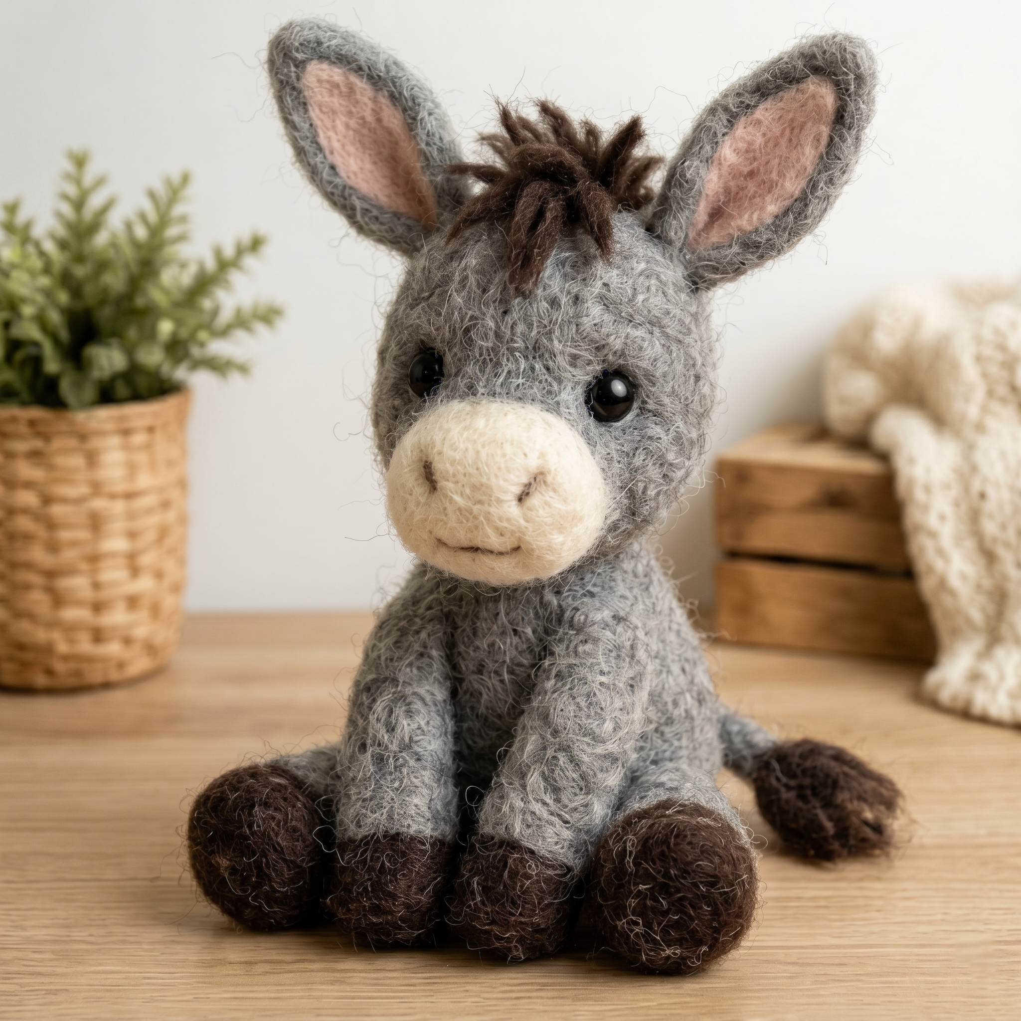 Handmade Wool Felt Baby Donkey Figurine – Cute Whimsical Farm Animal Decor