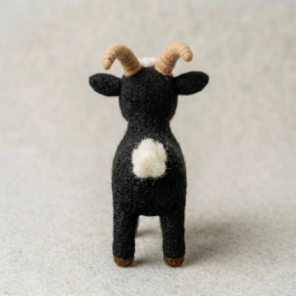 Handmade Wool Felt Black Goat Figurine – Cute Whimsical Farm Animal Decor