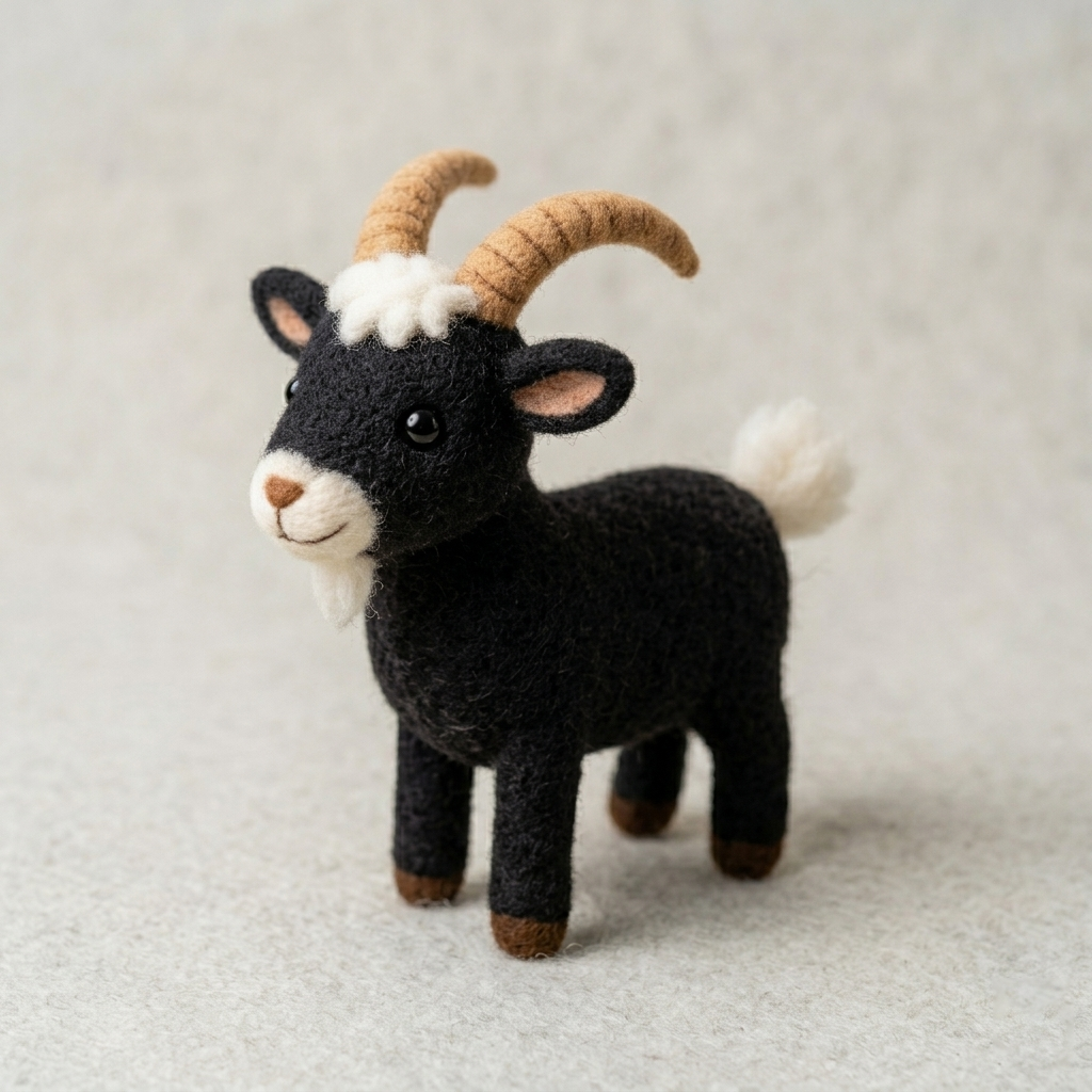 Handmade Wool Felt Black Goat Figurine – Cute Whimsical Farm Animal Decor