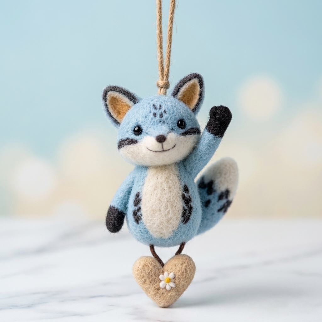 Handmade Wool Felt Blue Fox Hanging Ornament – Cute Whimsical Decor Charm