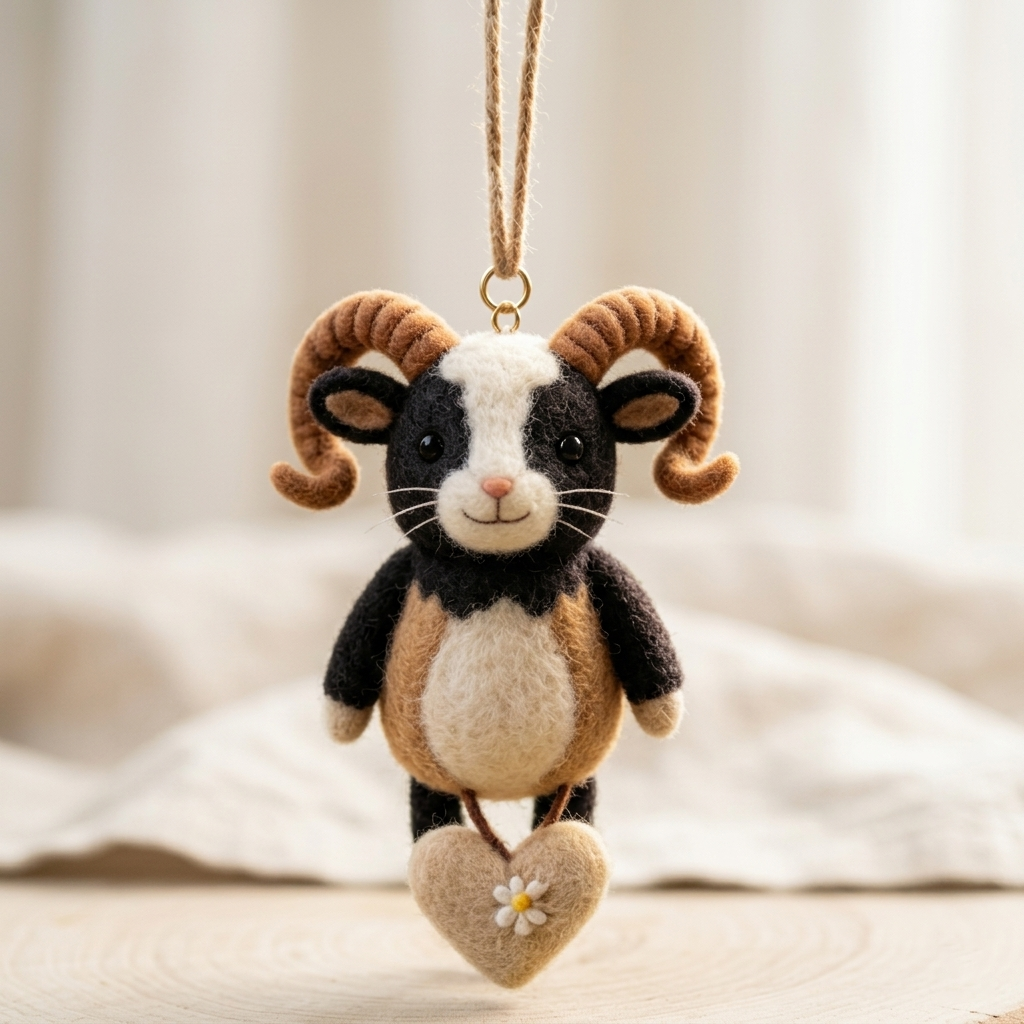 Handmade Wool Felt Ram Goat Hanging Ornament – Cute Whimsical Farm Charm