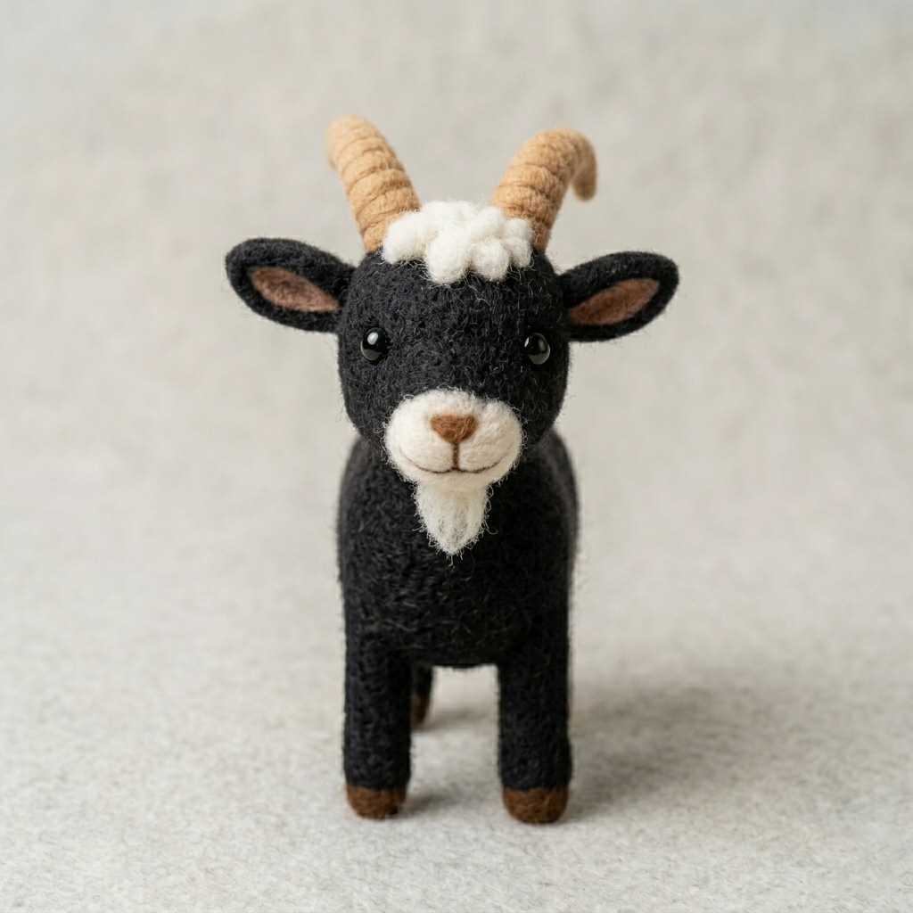 Handmade Wool Felt Black Goat Figurine – Cute Whimsical Farm Animal Decor