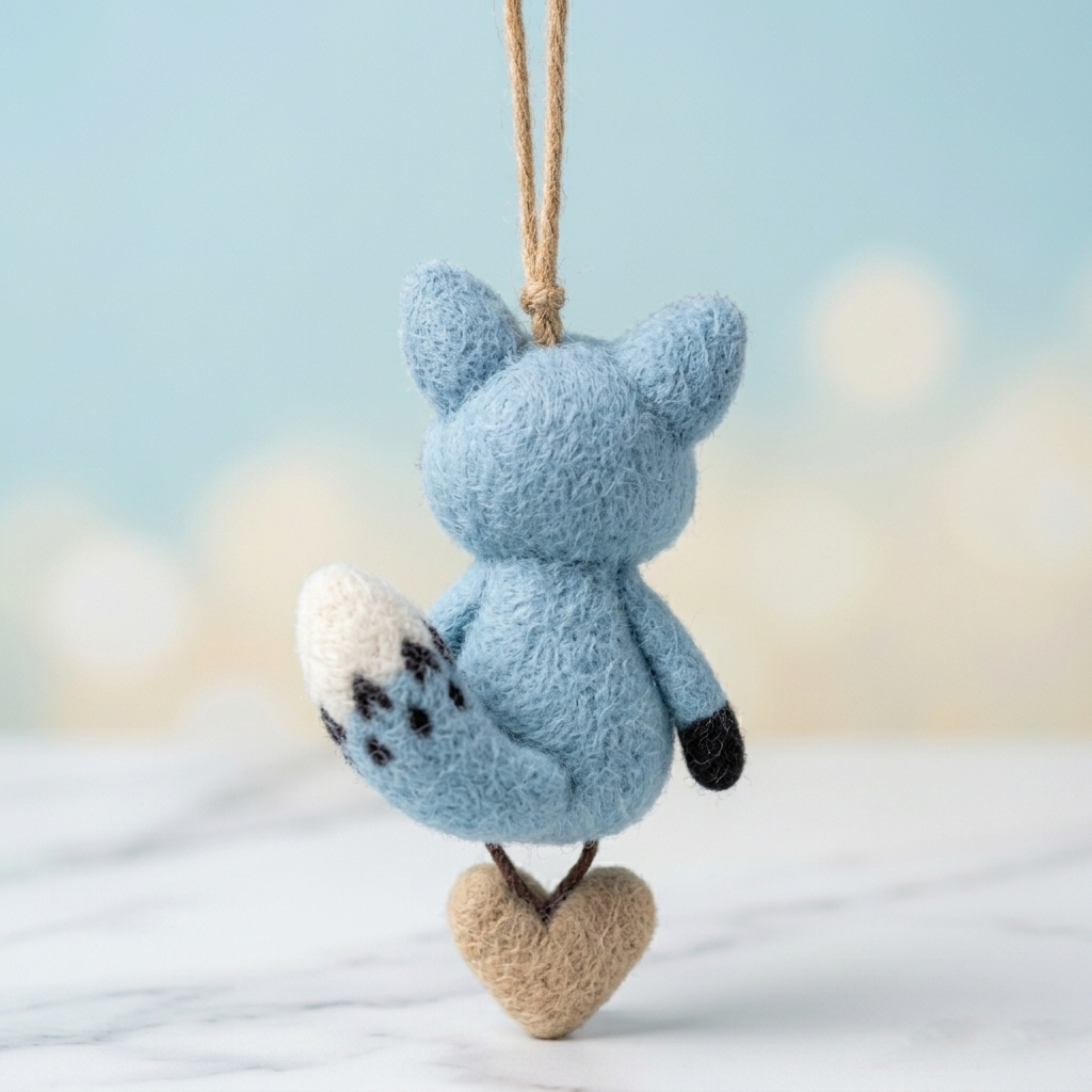 Handmade Wool Felt Blue Fox Hanging Ornament – Cute Whimsical Decor Charm