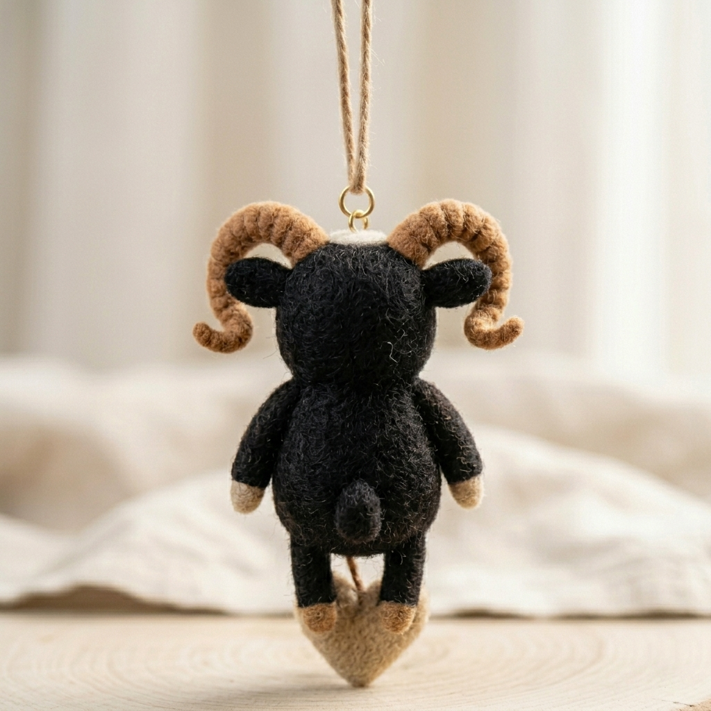 Handmade Wool Felt Ram Goat Hanging Ornament – Cute Whimsical Farm Charm