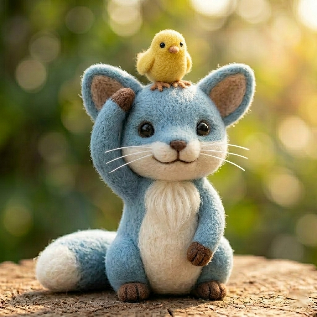 Handmade Wool Felt Blue Fox with Yellow Chick Figurine – Cute Whimsical Woodland Decor