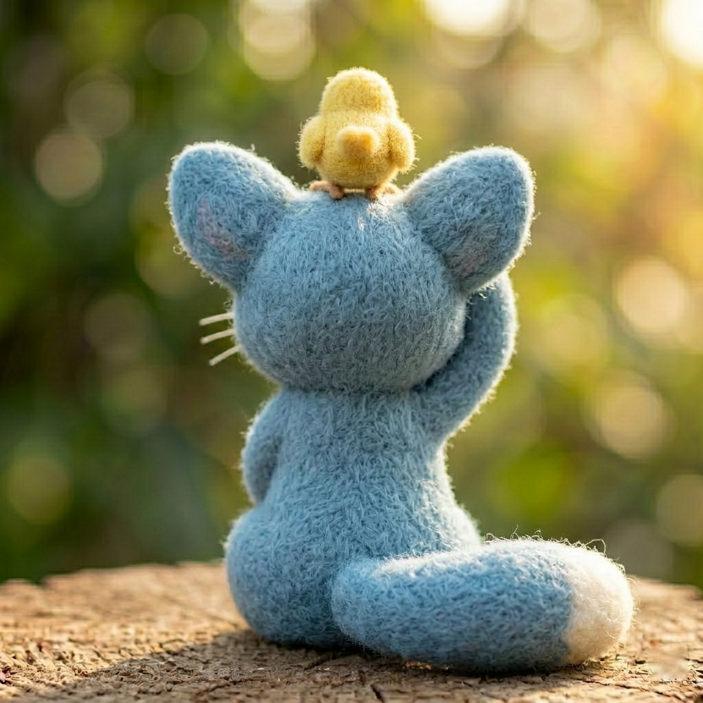 Handmade Wool Felt Blue Fox with Yellow Chick Figurine – Cute Whimsical Woodland Decor