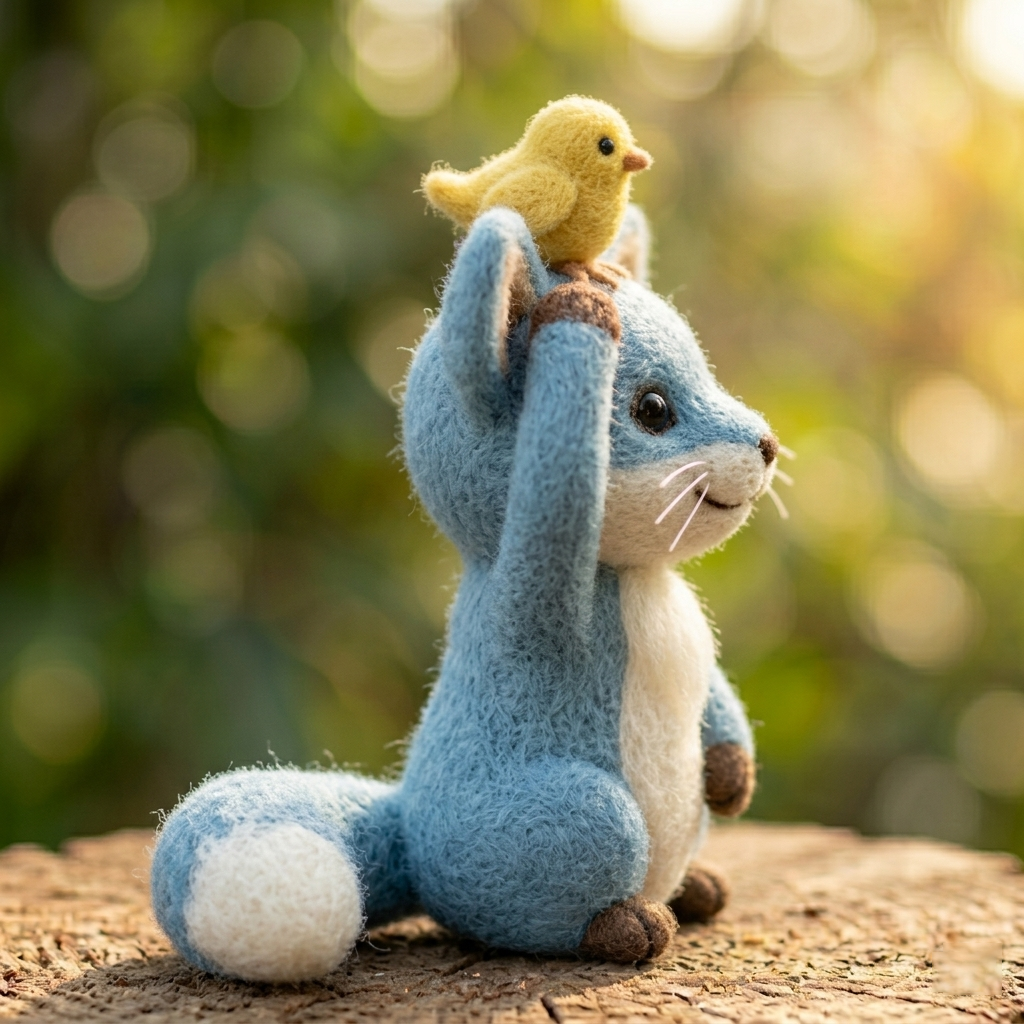 Handmade Wool Felt Blue Fox with Yellow Chick Figurine – Cute Whimsical Woodland Decor