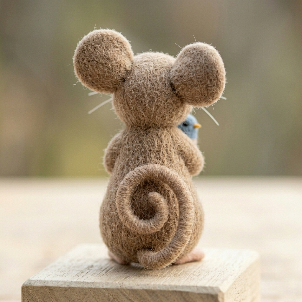 Handmade Wool Felt Mouse with Blue Bird Figurine – Cute Whimsical Woodland Decor
