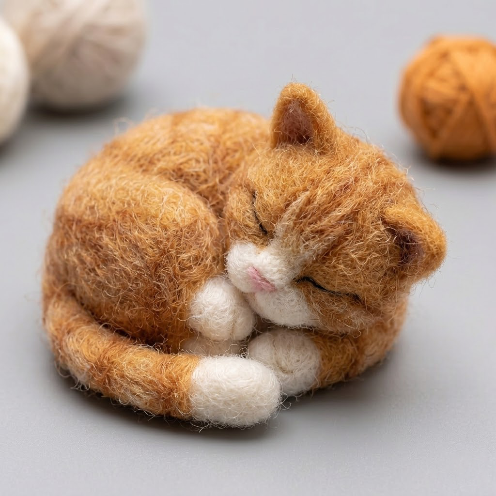 Handmade Wool Felt Sleeping Ginger Cat Figurine – Cute Cozy Whimsical Decor
