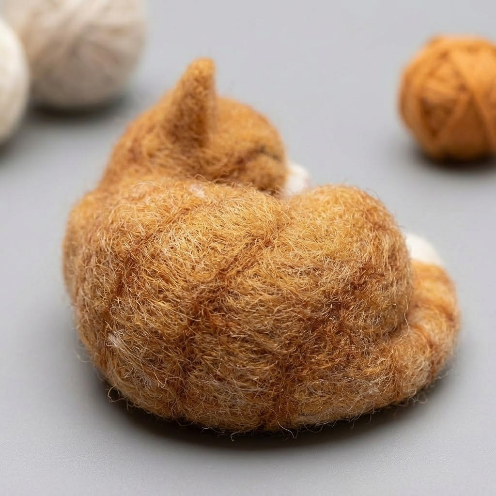 Handmade Wool Felt Sleeping Ginger Cat Figurine – Cute Cozy Whimsical Decor