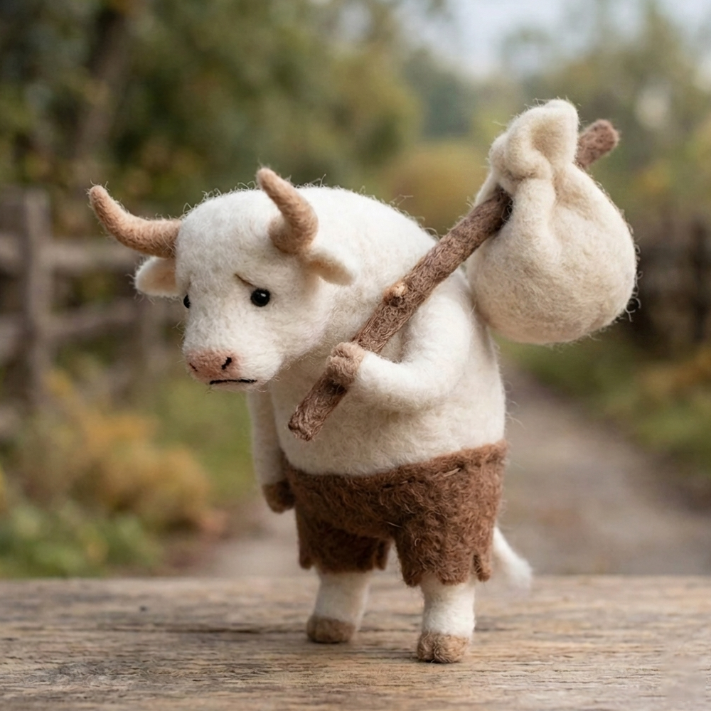 Handmade Wool Felt Traveling Cow Figurine – Cute Whimsical Farm Character Decor