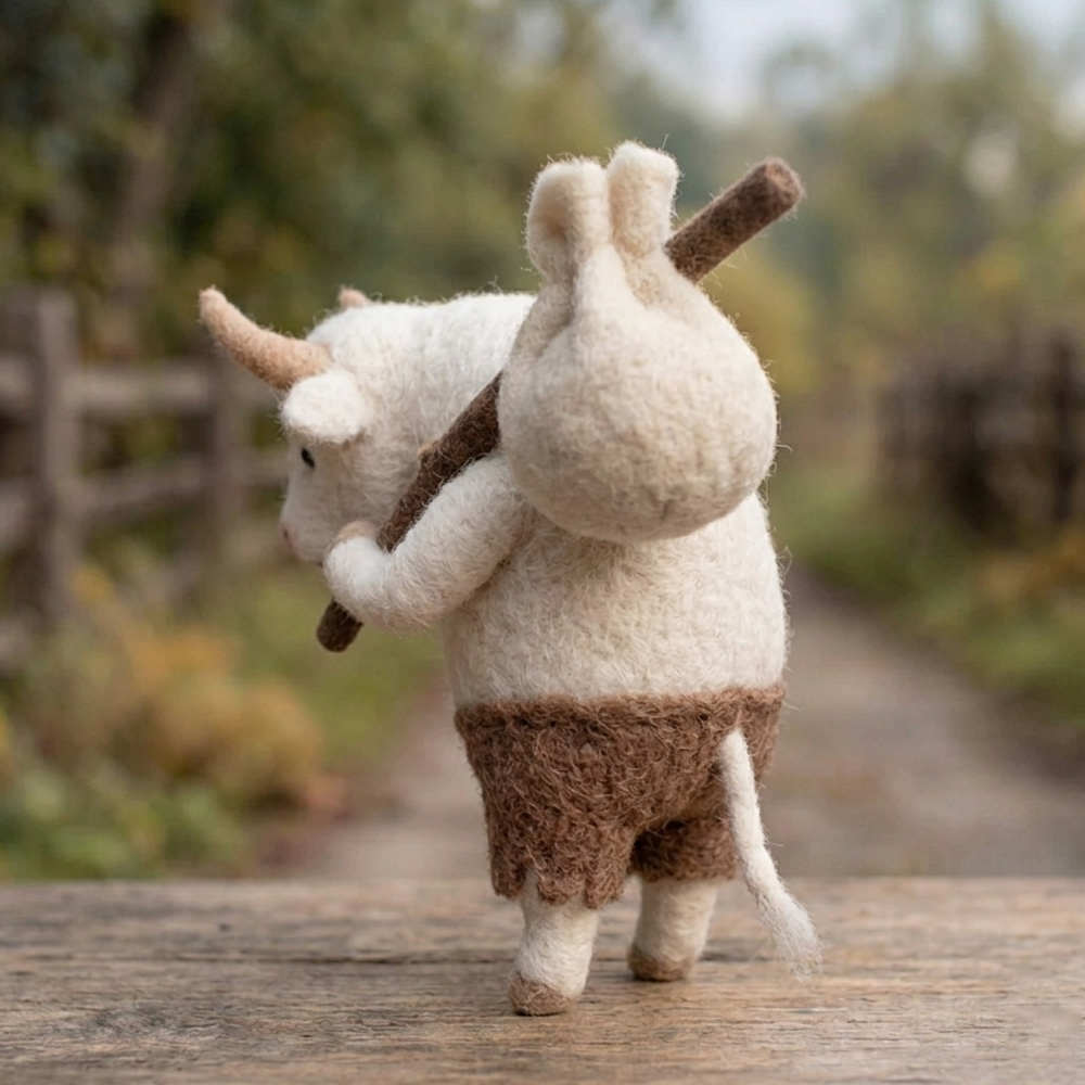 Handmade Wool Felt Traveling Cow Figurine – Cute Whimsical Farm Character Decor