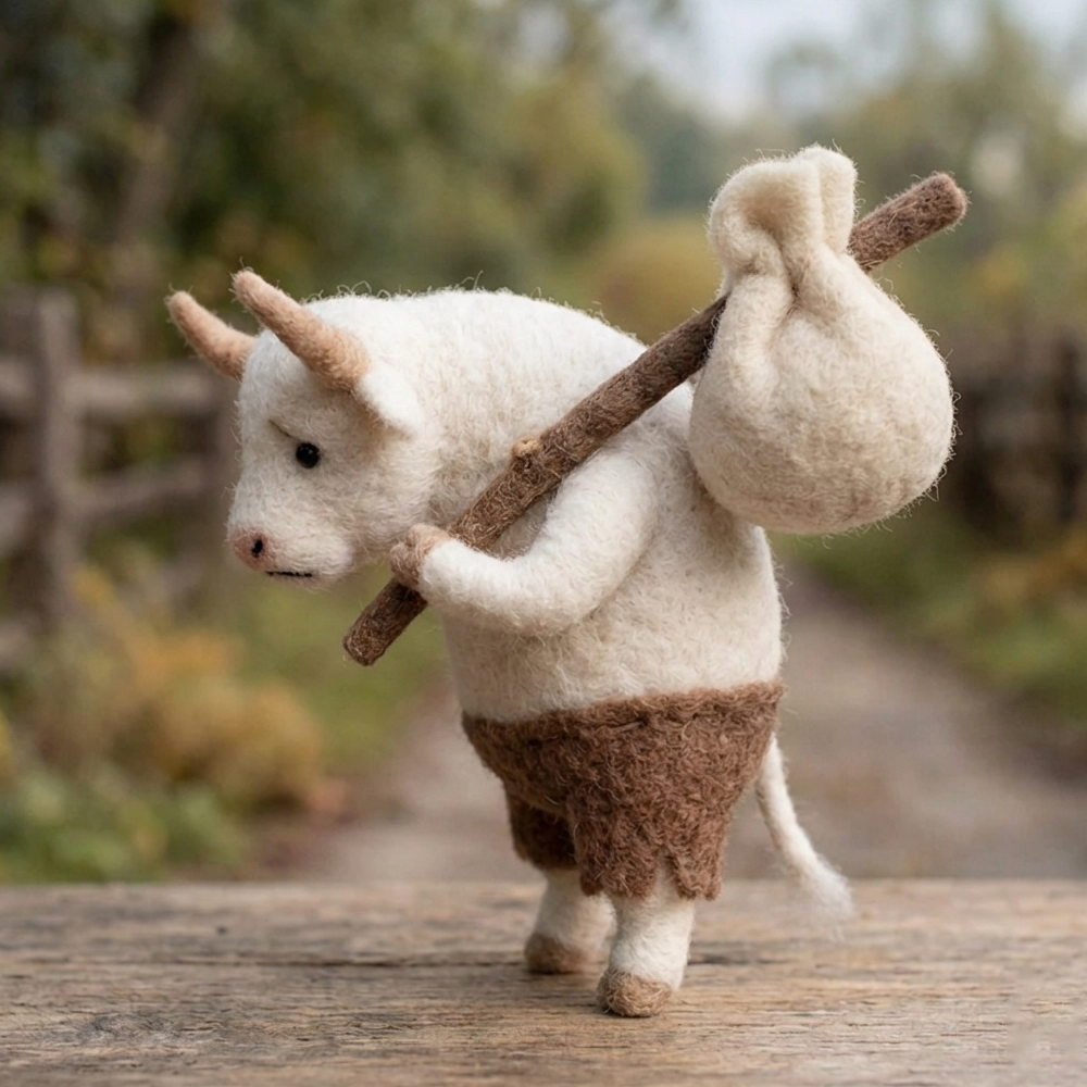 Handmade Wool Felt Traveling Cow Figurine – Cute Whimsical Farm Character Decor