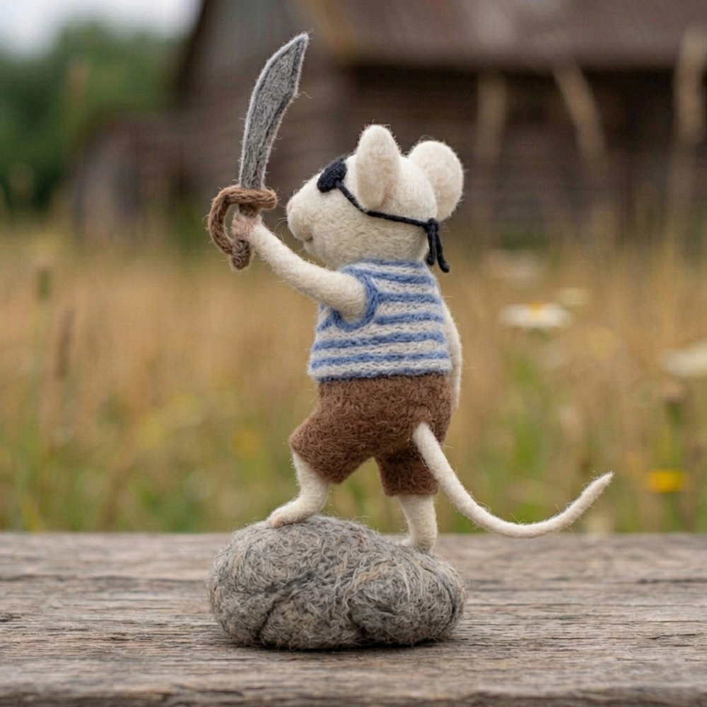 Handmade Wool Felt Pirate Mouse Figurine – Cute Whimsical Adventure Decor