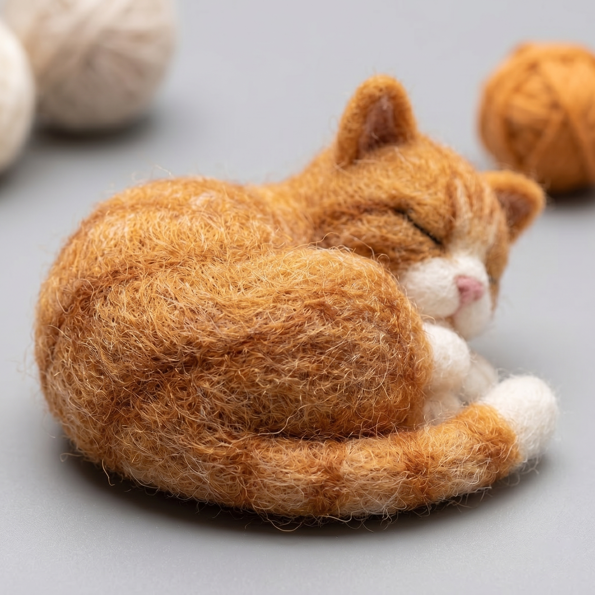 Handmade Wool Felt Sleeping Ginger Cat Figurine – Cute Cozy Whimsical Decor