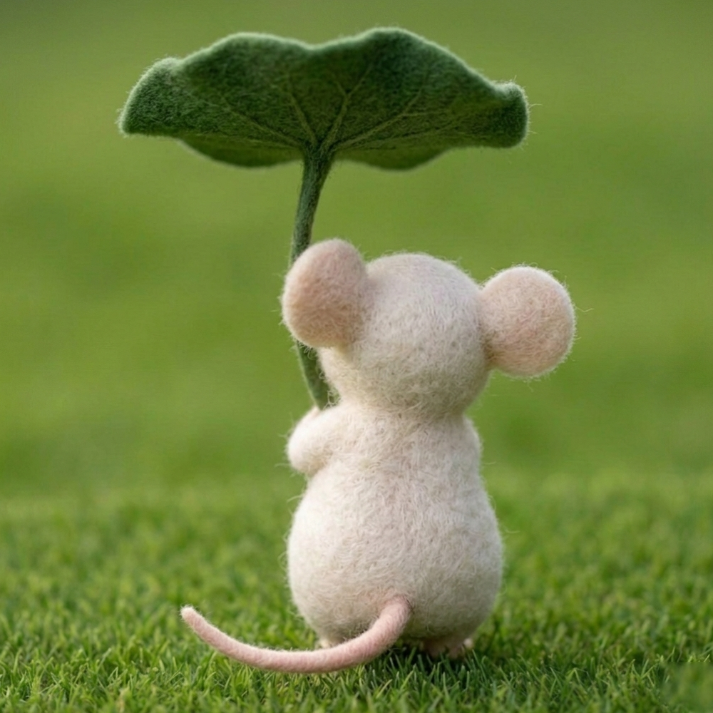 Handmade Wool Felt White Mouse with Leaf Umbrella Figurine – Cute Whimsical Nature Decor