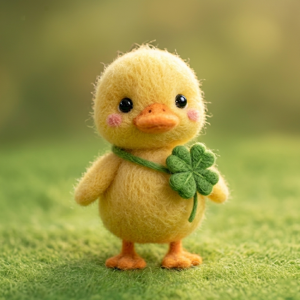 Handmade Wool Felt Lucky Duckling with Four-Leaf Clover Figurine – Cute Whimsical Good Luck Decor