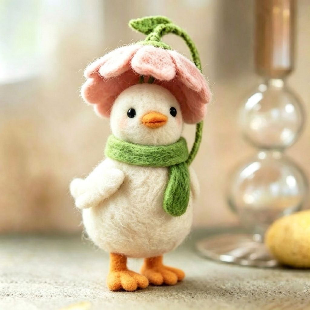 Handmade Wool Felt Duckling with Flower Hat and Scarf Figurine – Cute Whimsical Spring Decor