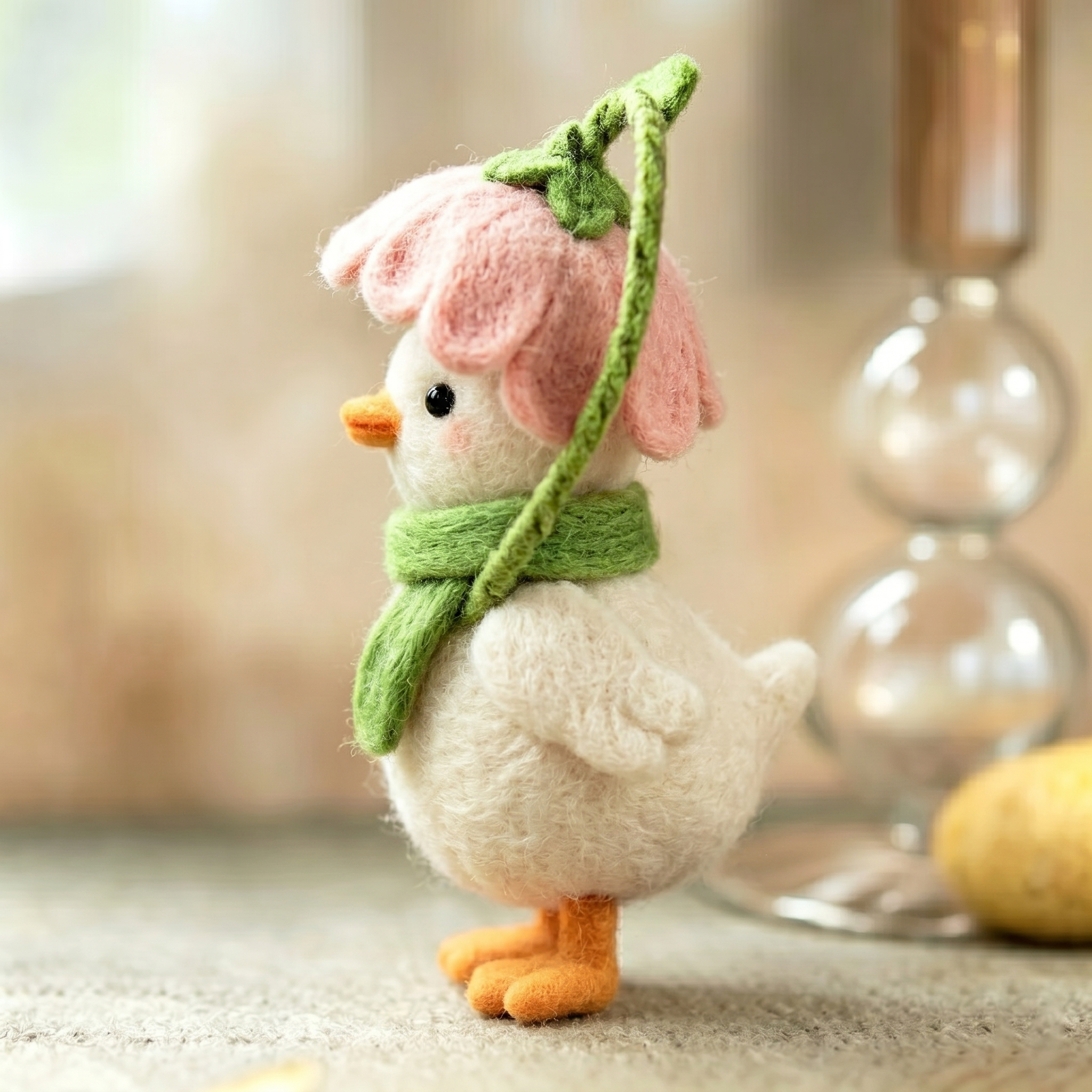Handmade Wool Felt Duckling with Flower Hat and Scarf Figurine – Cute Whimsical Spring Decor