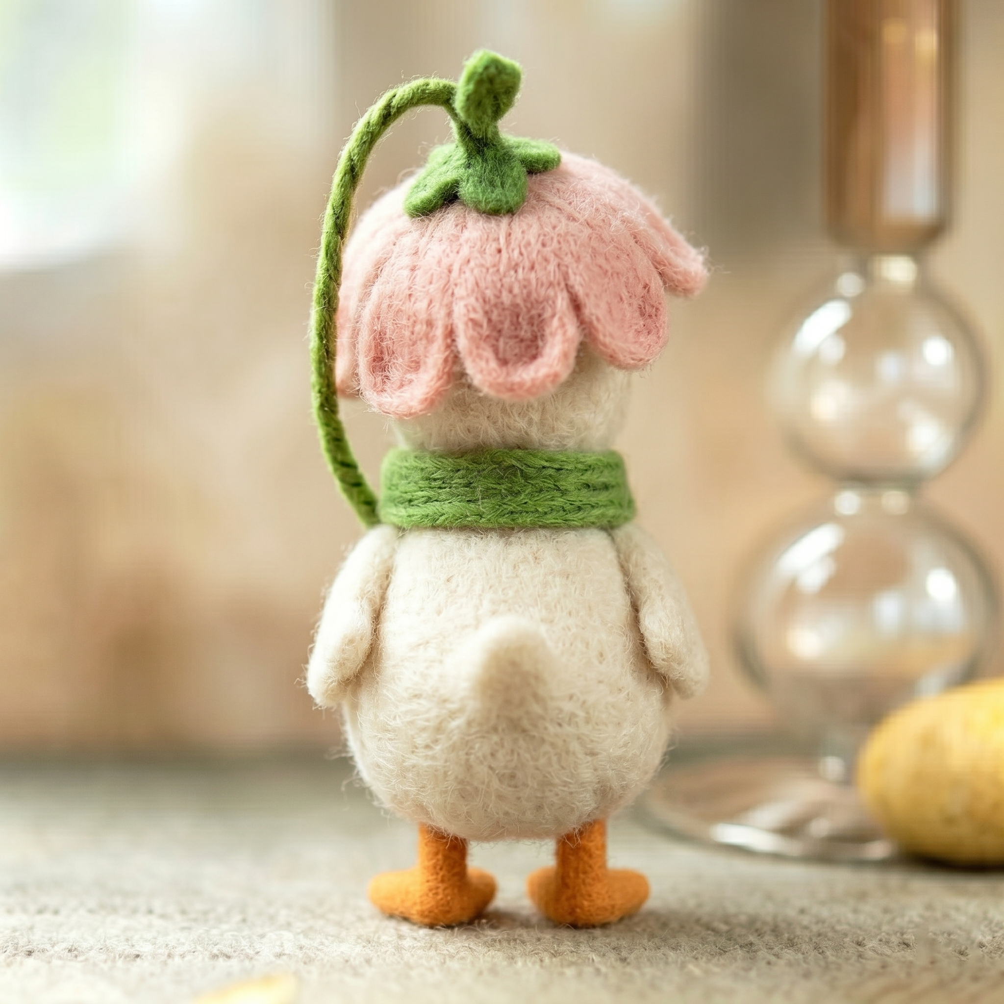 Handmade Wool Felt Duckling with Flower Hat and Scarf Figurine – Cute Whimsical Spring Decor