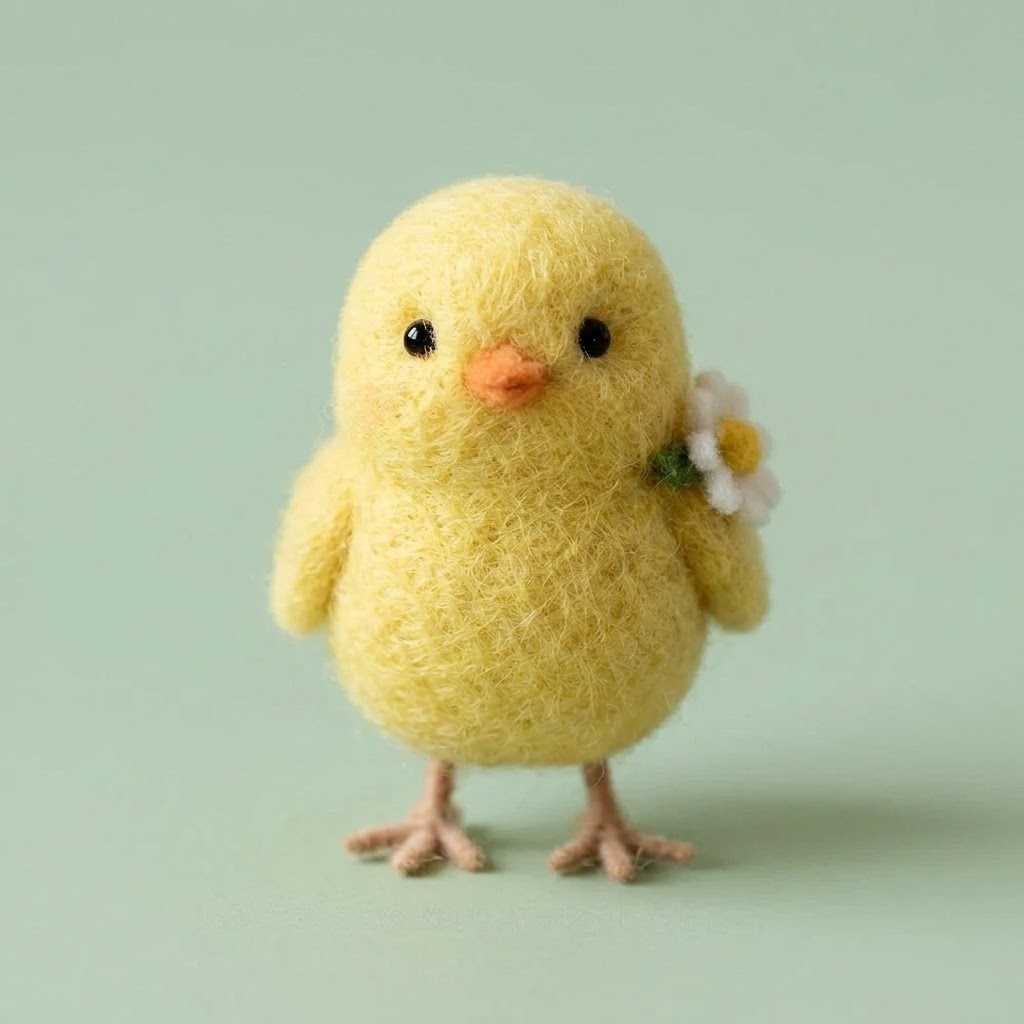 Handmade Wool Felt Yellow Chick with Daisy Figurine – Cute Whimsical Spring Decor