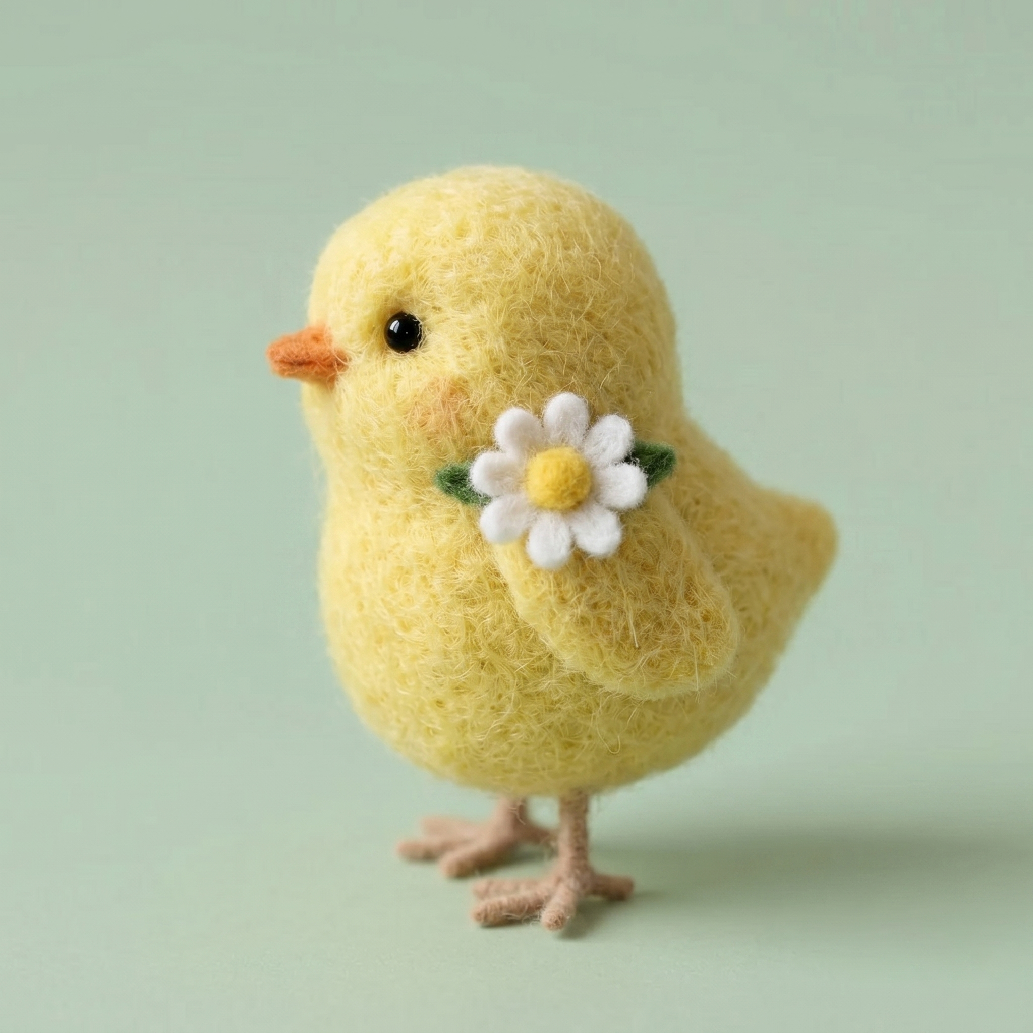 Handmade Wool Felt Yellow Chick with Daisy Figurine – Cute Whimsical Spring Decor