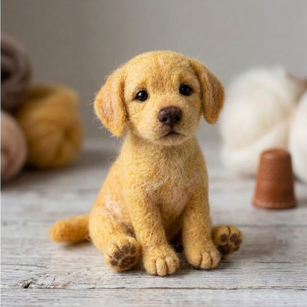 Handmade Wool Felt Golden Retriever Puppy Figurine – Cute Realistic Dog Decor