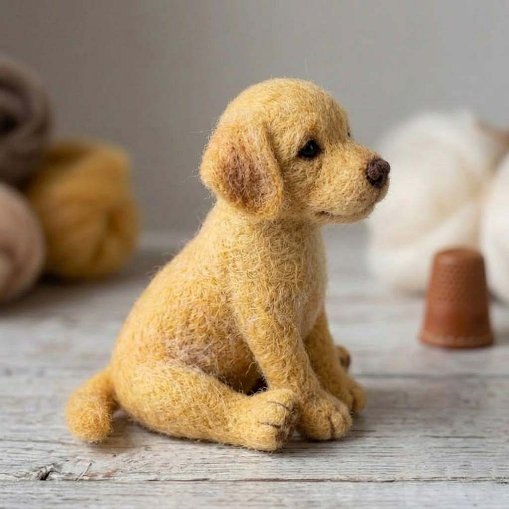 Handmade Wool Felt Golden Retriever Puppy Figurine – Cute Realistic Dog Decor