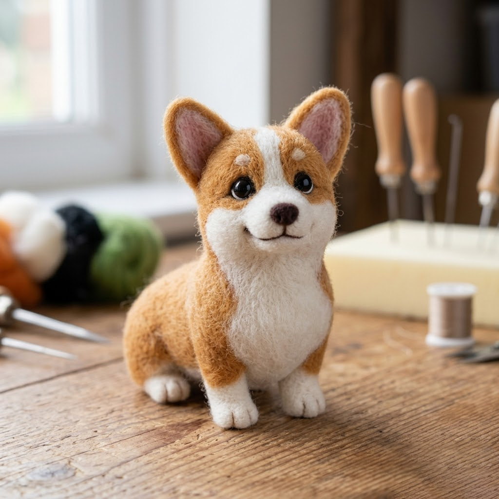 Handmade Wool Felt Corgi Puppy Figurine – Cute Realistic Dog Decor