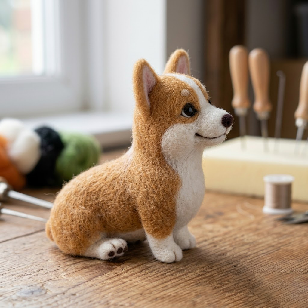 Handmade Wool Felt Corgi Puppy Figurine – Cute Realistic Dog Decor
