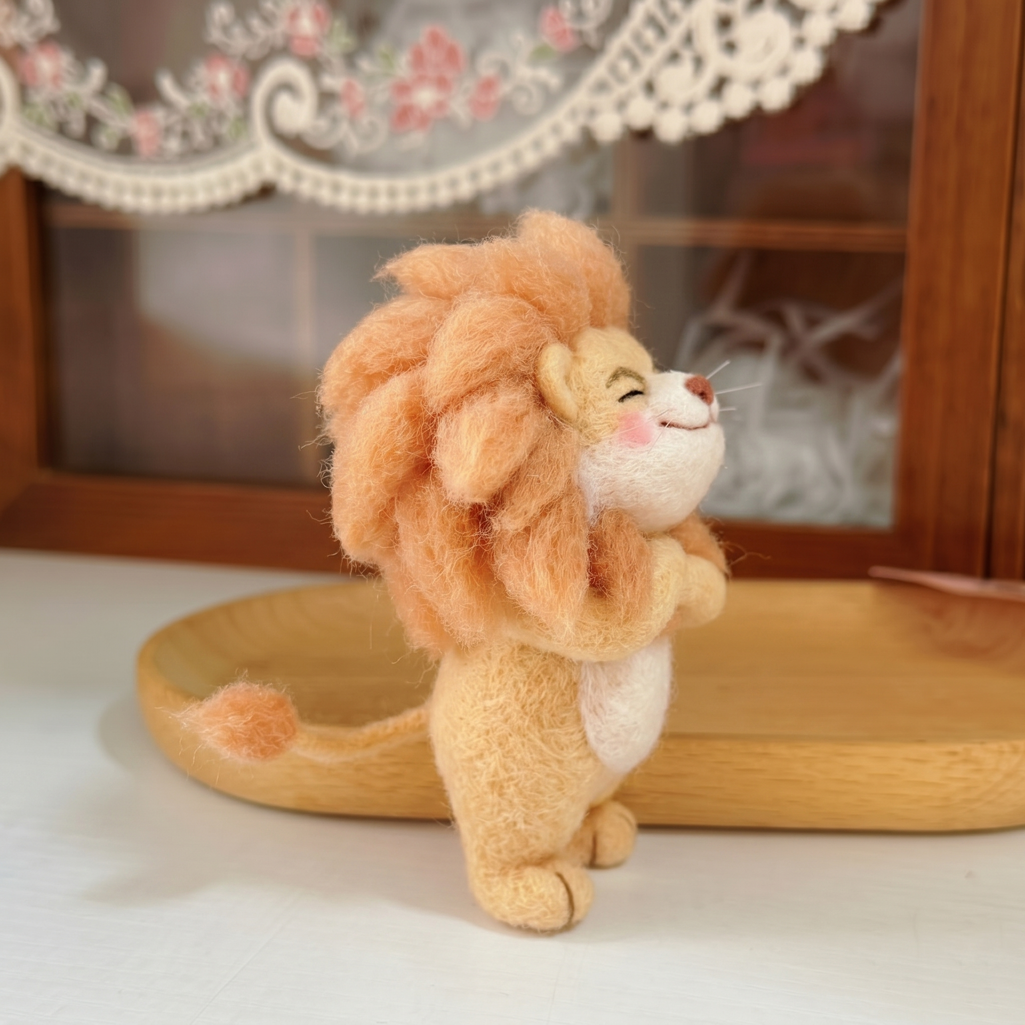 Handmade Wool Felt Confident Lion Figurine – Cute Whimsical Wild Animal Decor