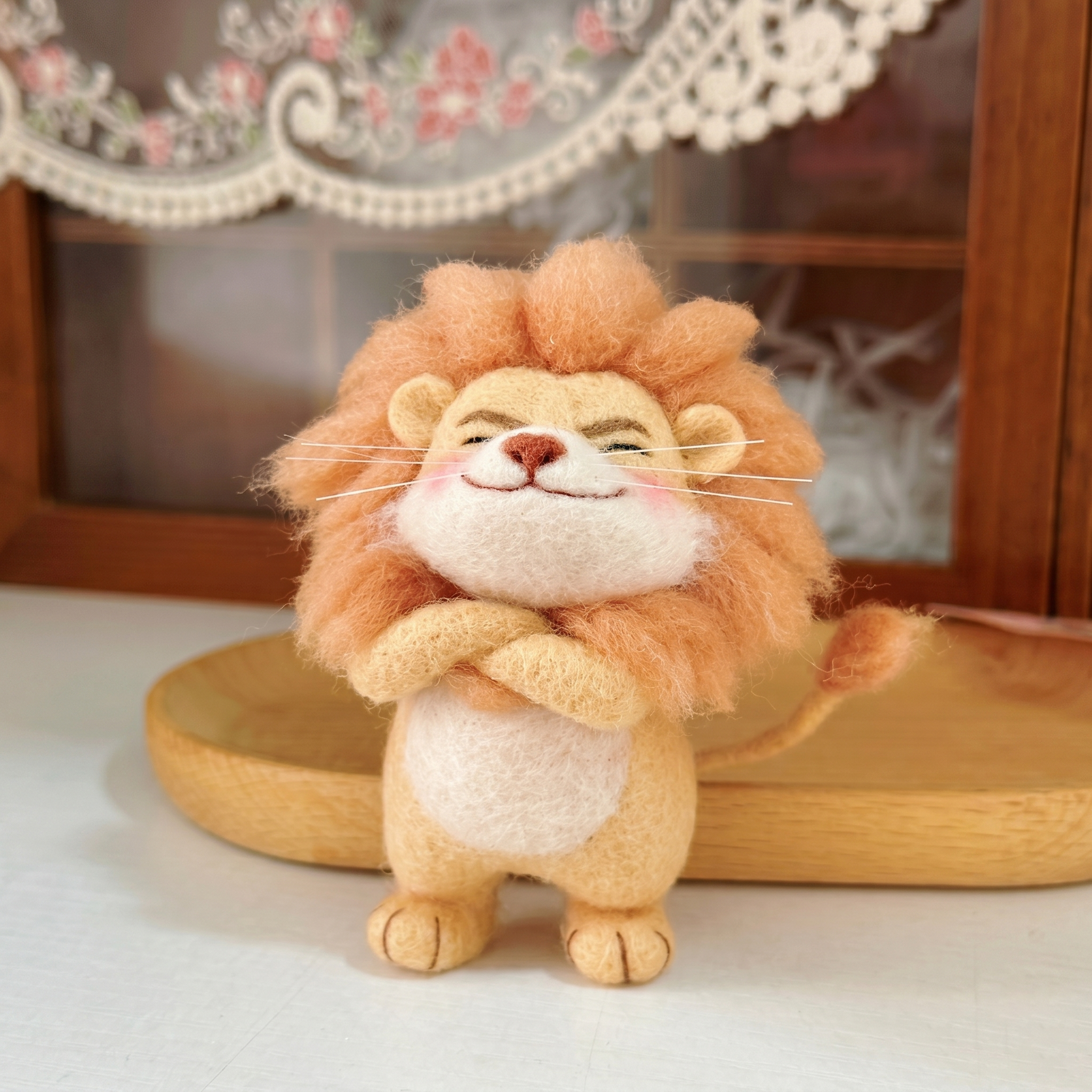 Handmade Wool Felt Confident Lion Figurine – Cute Whimsical Wild Animal Decor