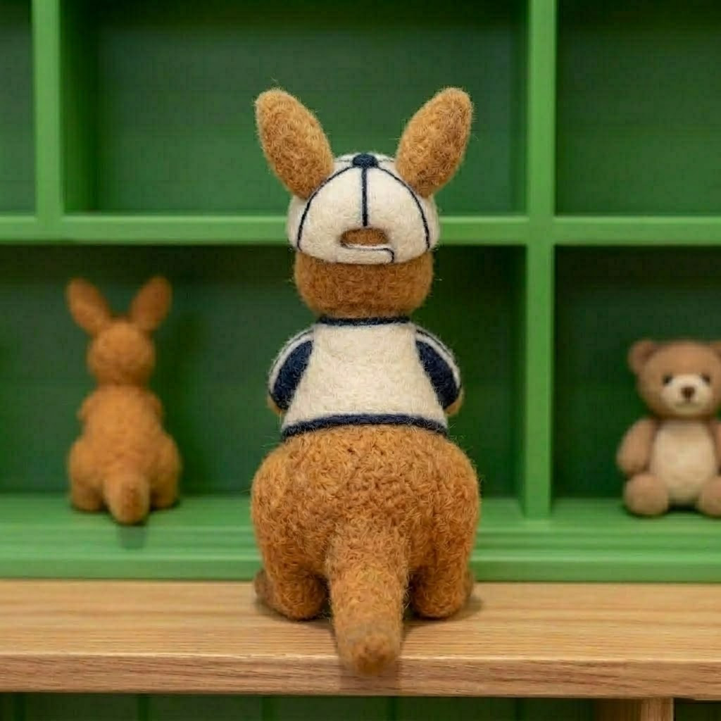 Handmade Wool Felt Kangaroo in Baseball Cap & Jacket Figurine – Cute Sporty Whimsical Decor