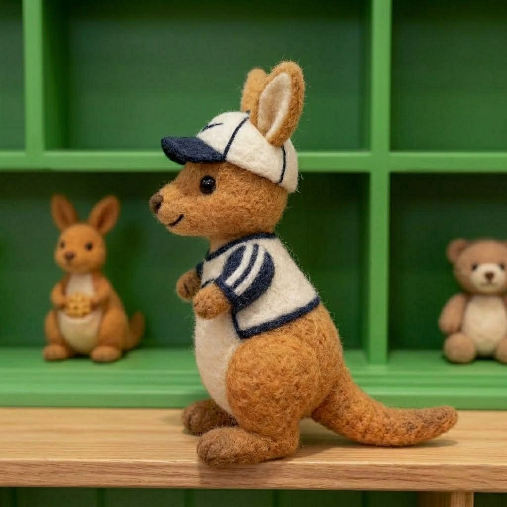 Handmade Wool Felt Kangaroo in Baseball Cap & Jacket Figurine – Cute Sporty Whimsical Decor