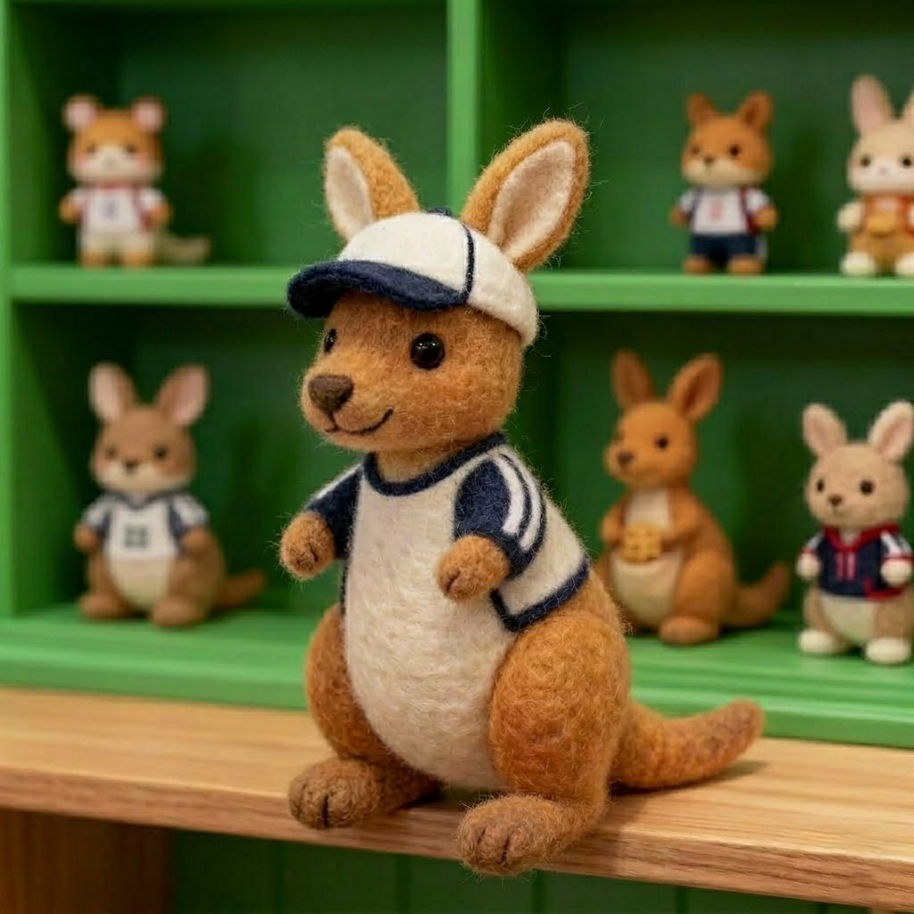 Handmade Wool Felt Kangaroo in Baseball Cap & Jacket Figurine – Cute Sporty Whimsical Decor