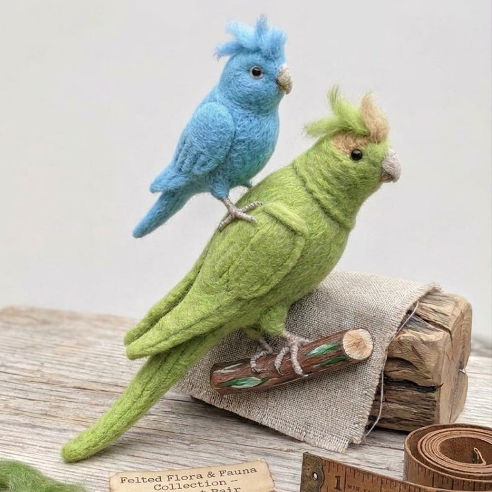Handmade Wool Felt Green & Blue Parrot Pair Figurine – Cute Whimsical Bird Decor