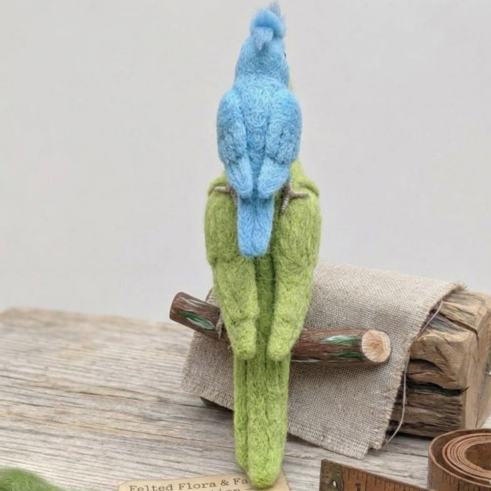 Handmade Wool Felt Green & Blue Parrot Pair Figurine – Cute Whimsical Bird Decor